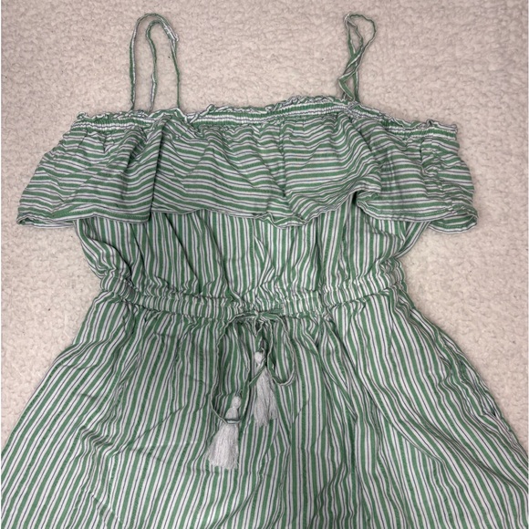American Eagle Women Green Stripes Strapless Ruffle Mini Dress - Picture 2 of 10